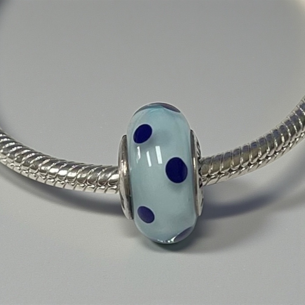 Pandora Sterling Silver Murano Glass Blue Polka Dots Charm Bead Retired